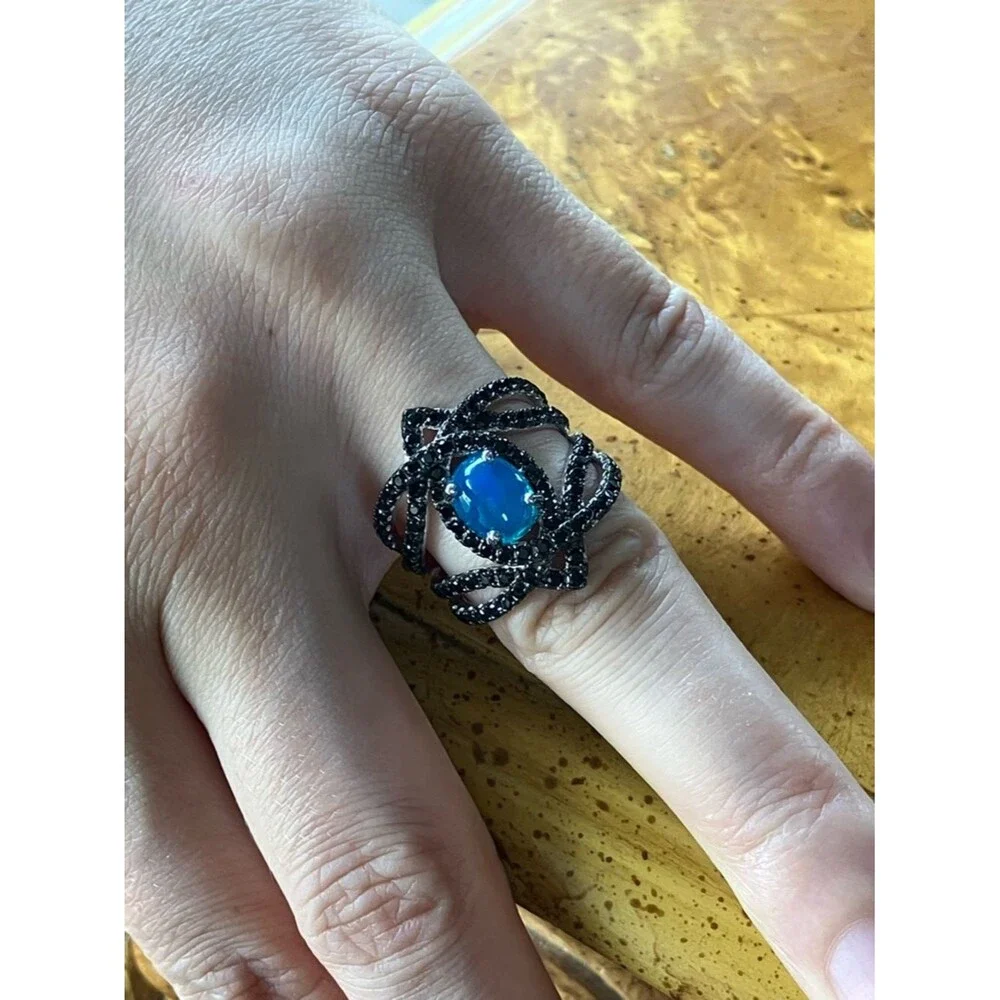 Blue Ethiopian Opal Black Spinel Sterling Silver Ring Size 7.75